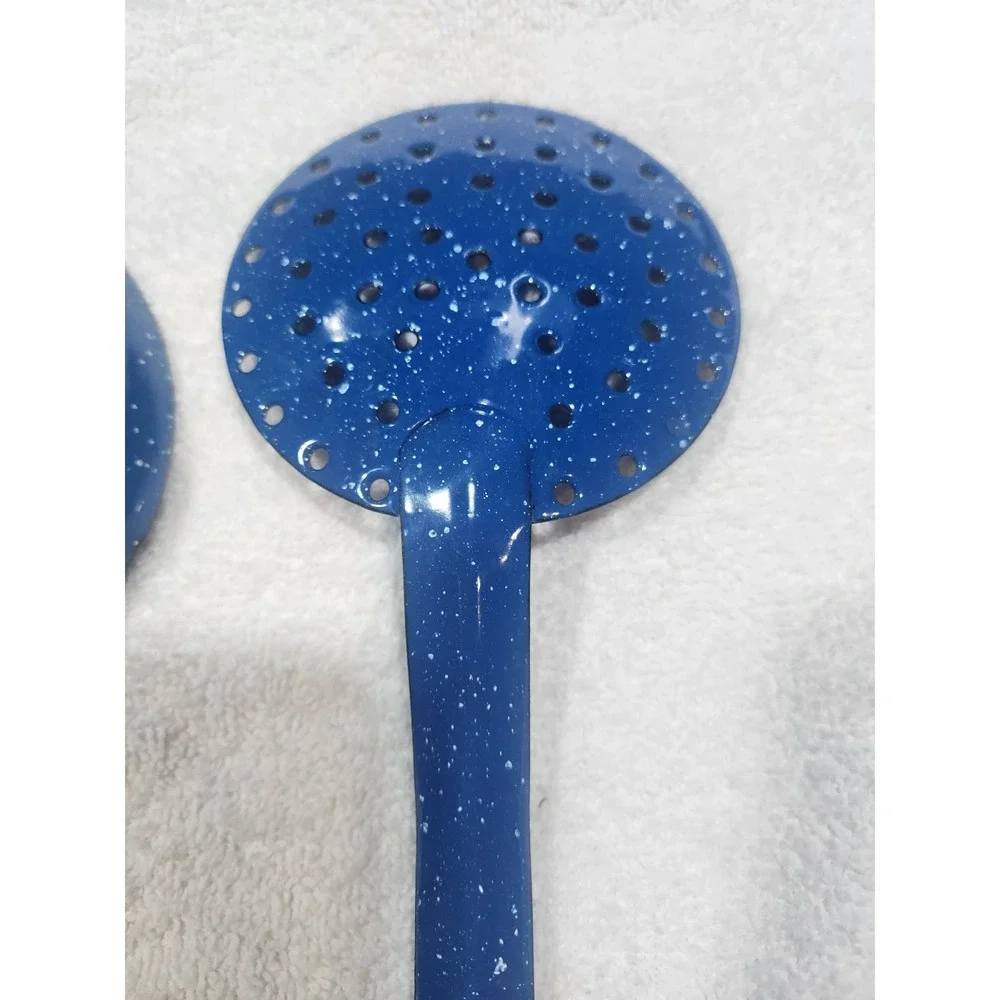 Vintage~Enamel lot~chuckwagon~blue metal splatterware~Skimmer~ Ladle~2 Spoons